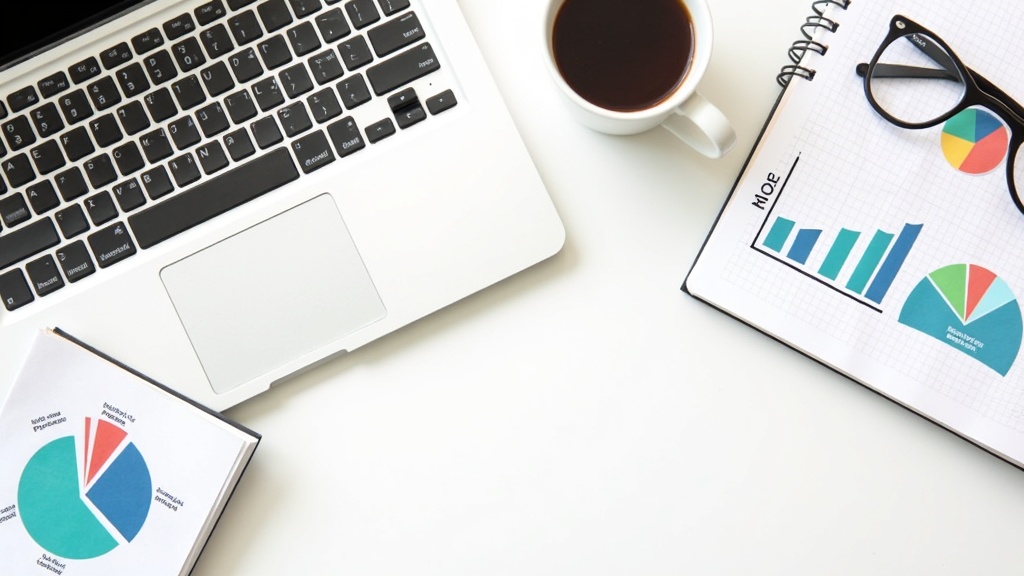 A table showing a laptop, notepad, and coffee, with affiliate marketing charts and icons
