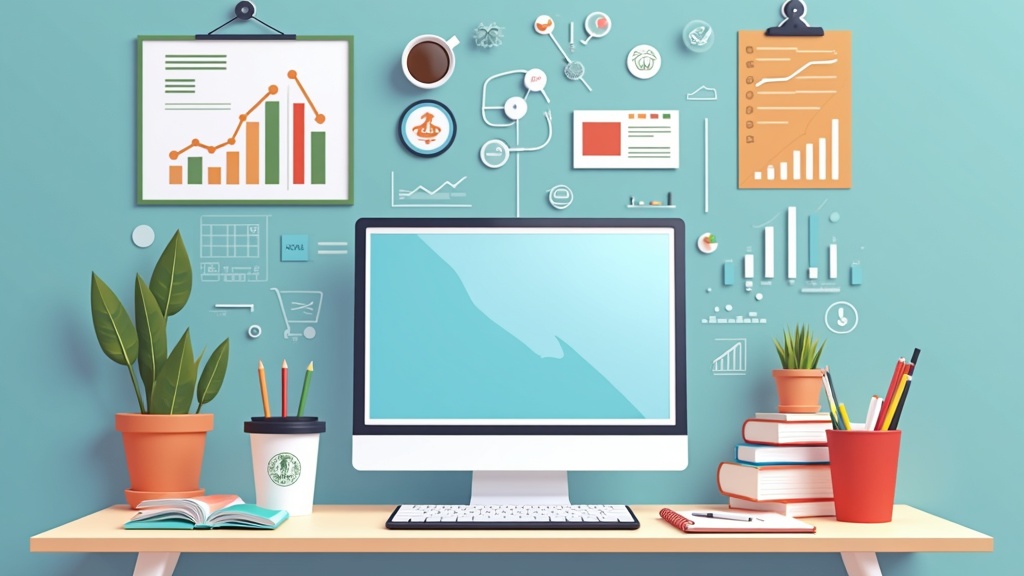 An organized workspace with a laptop, notebook, and illustrated online marketing graphics. A digital chart and affiliate links icons in the background.