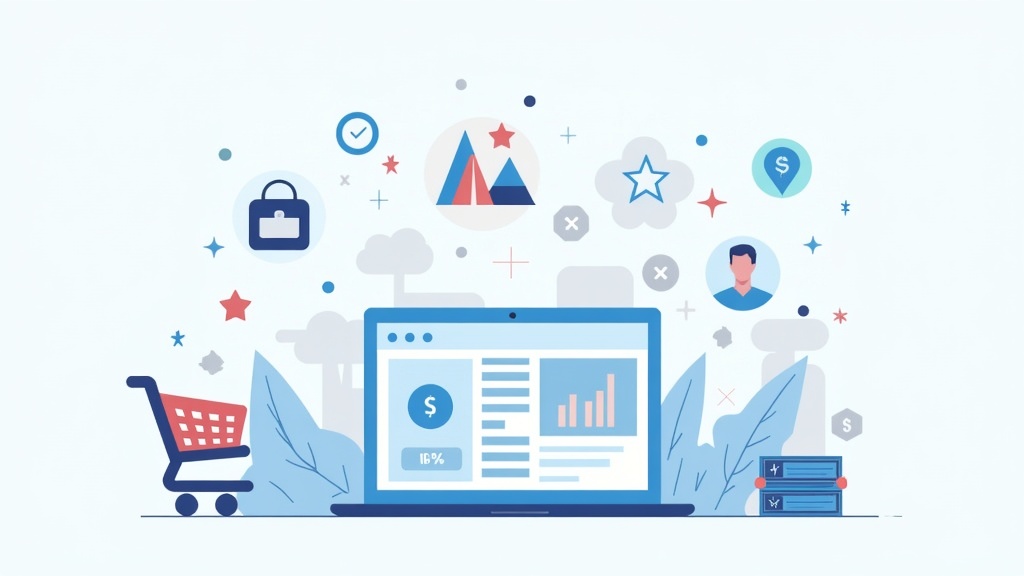 Affiliate marketing concept with laptop, shopping cart, and money icons